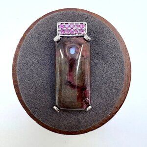 Sterling Silver 925 Rhodonite & Pink Cubic Zirconia Pendant Size 1.25" Length